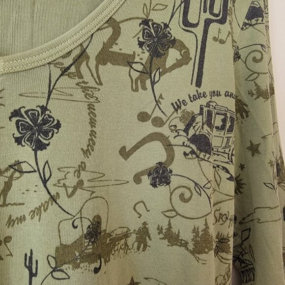 Mod-o-Doc Western Theme Top 3/4 Sleeve Green Sz 1 (S) Horseshoe Cactus Cowboy - Picture 4 of 8